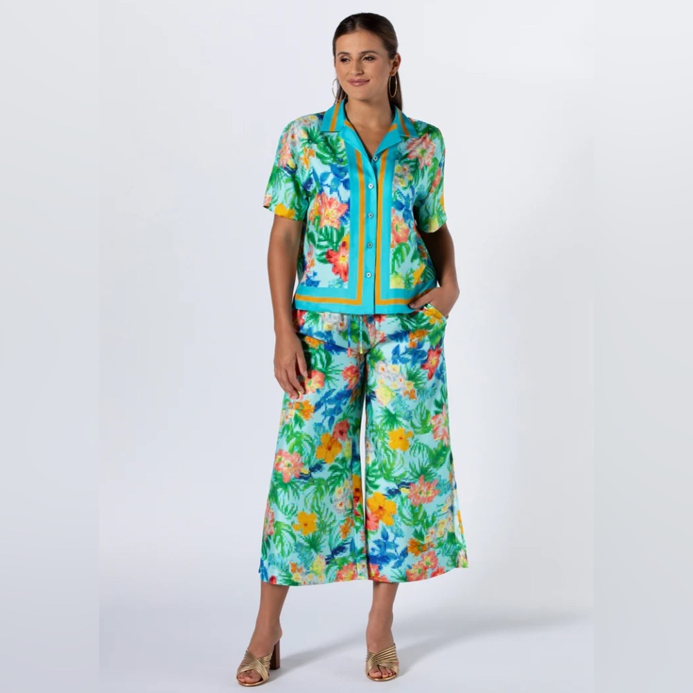 Tori Richard‎ Silk Aqua Pixelated Floral Wide Leg Cropped Bristol Pants Sz. M